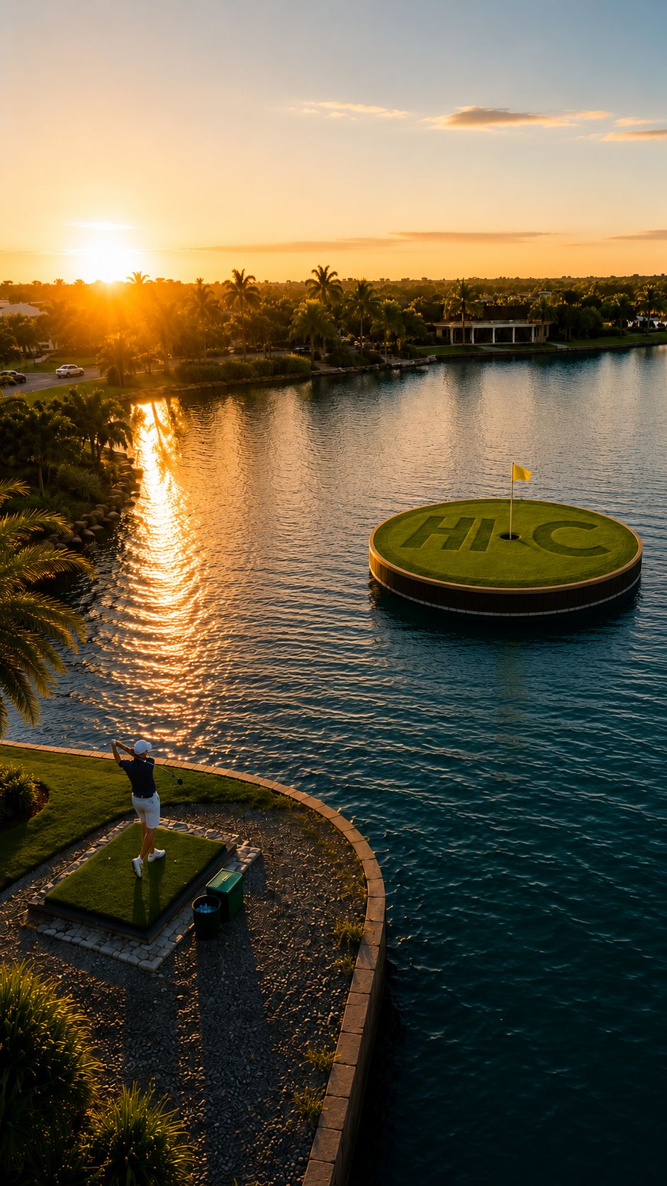Golfer teeing off toward floating island green