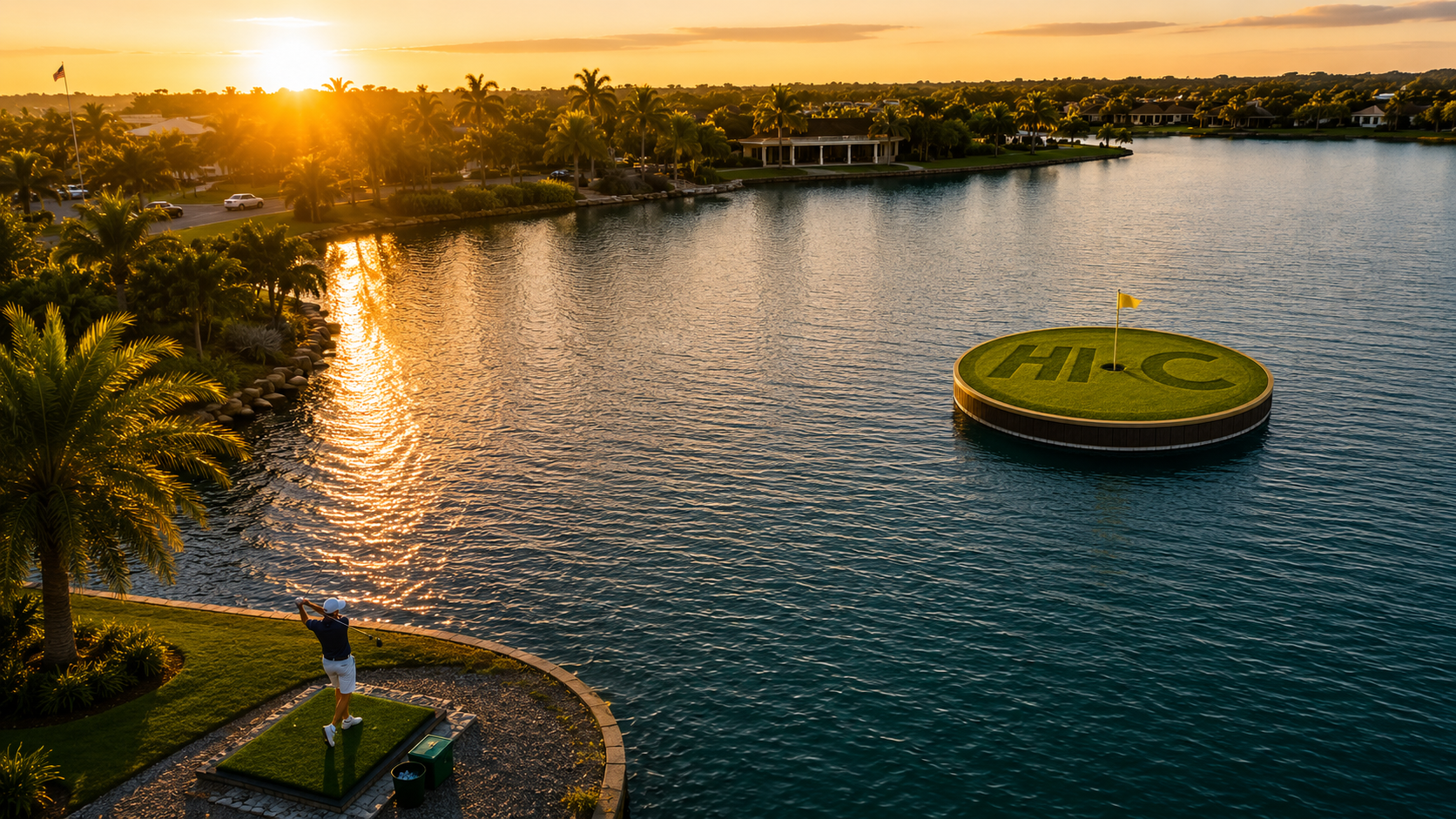 Golfer teeing off toward floating island green
