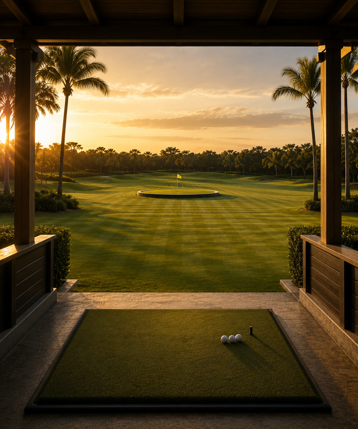 View from tee box looking at golf course green at sunset