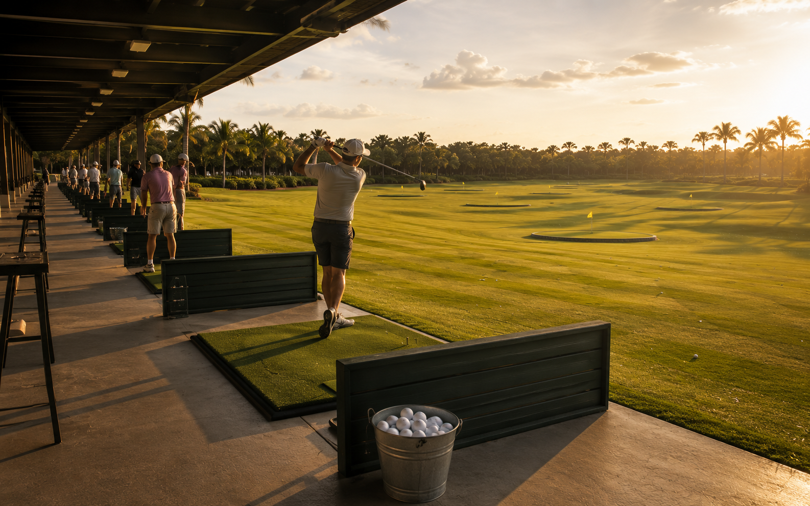 Golfers practicing at a driving range at sunset