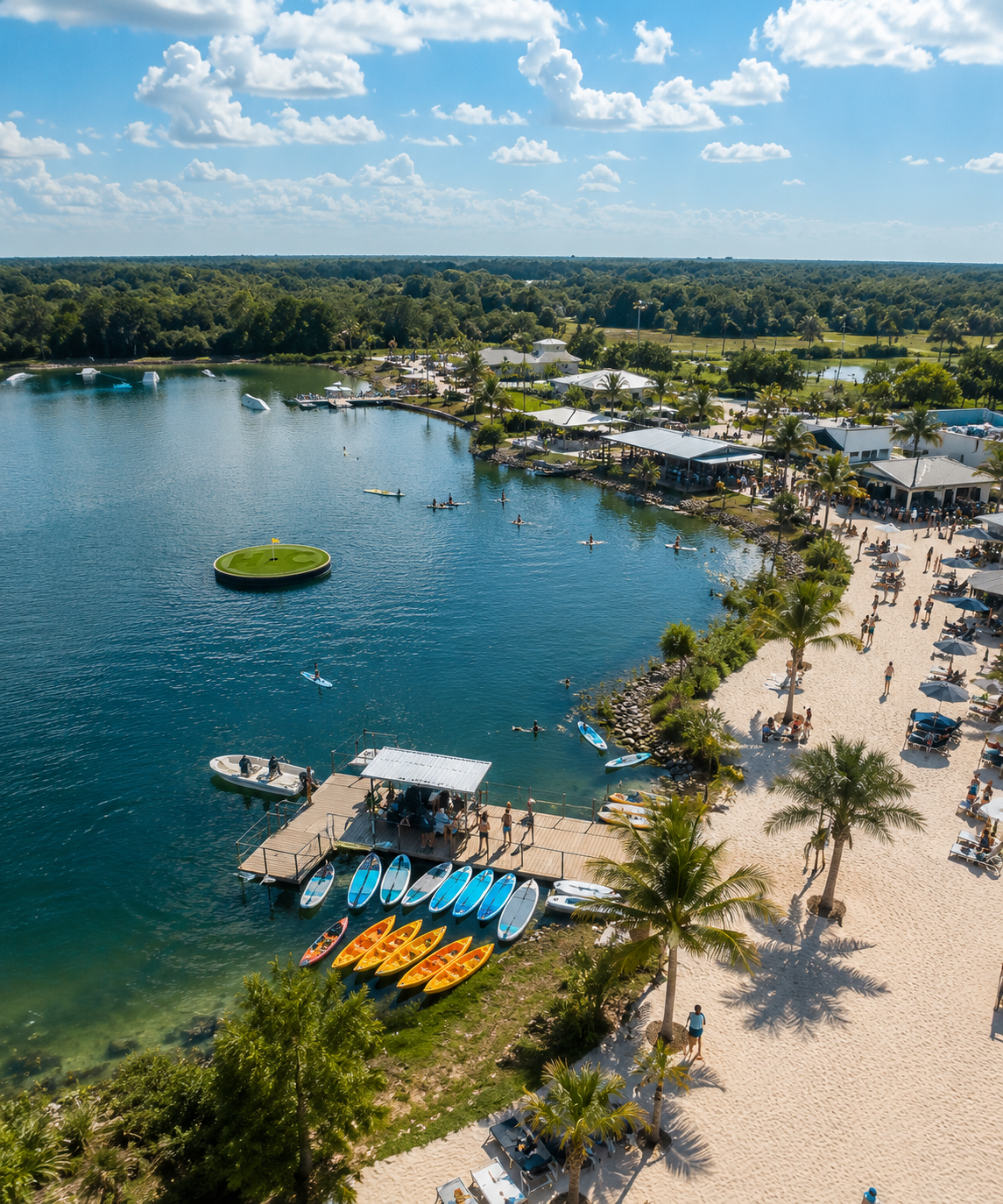 Aerial view of floating green at waterfront venue