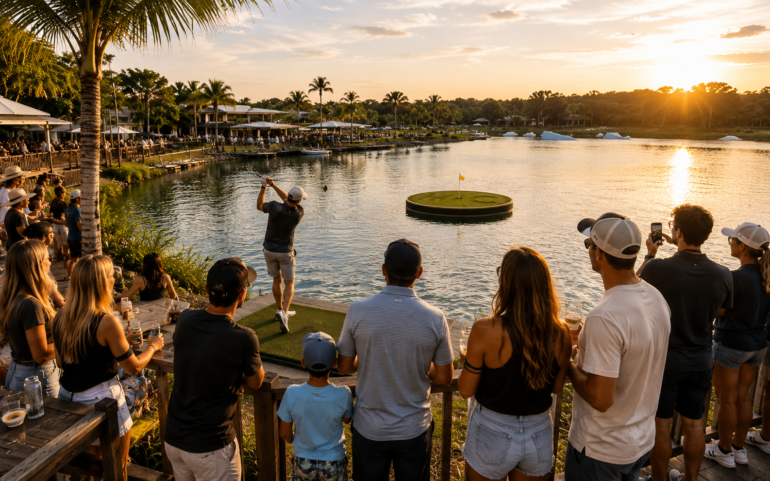 Crowd watching golfer take a shot at the floating green at sunset